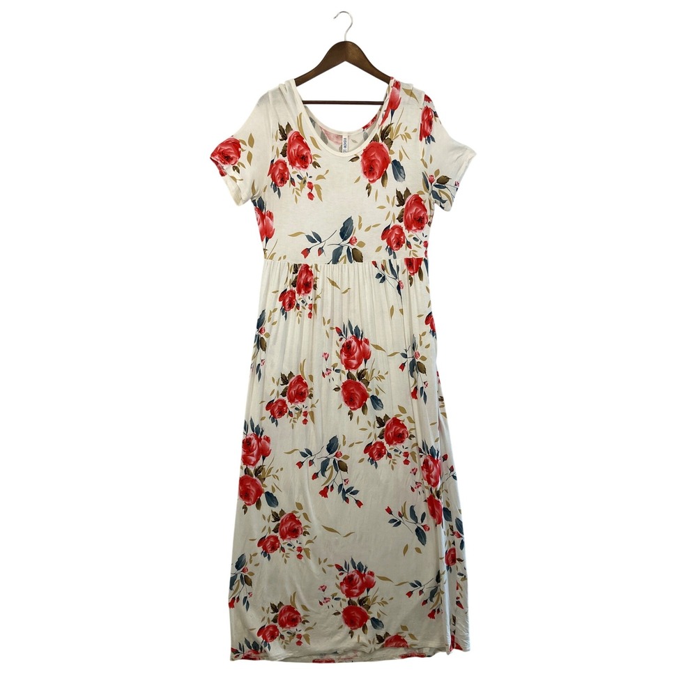 MOHSIIA Floral Maxi‎ Dress White Red Roses Short Sleeve Empire Waist 2XL